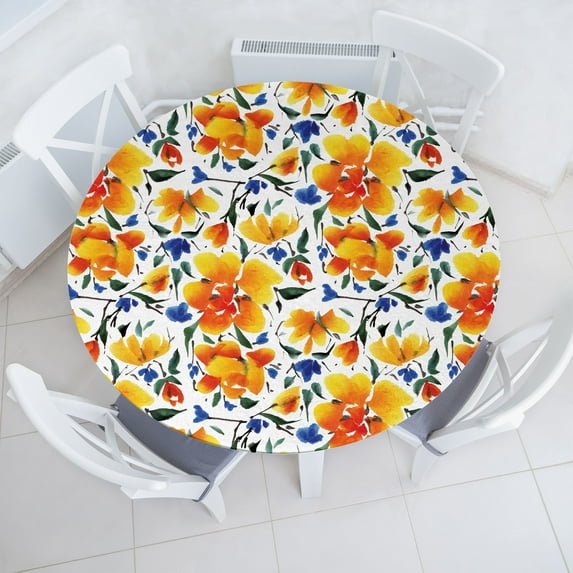Ambesonne Floral Fitted Round Tablecloth, Watercolor Flower Vintage, 56"- 60" Diameter, Earth Yellow Violet Blue