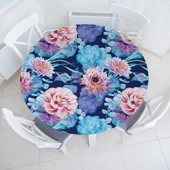 Ambesonne Floral Fitted Round Tablecloth, Watercolor Sketchy Flowers, 45"- 56" Diameter, Dried Rose and Azure Blue