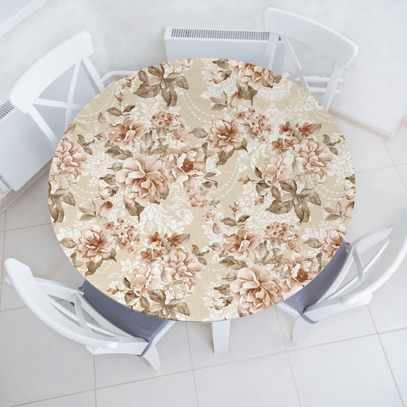 Ambesonne Floral Fitted Round Tablecloth, Weathered Look Roses Pattern, 45"- 56" Diameter, Off White and Pale Rose
