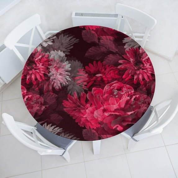 Ambesonne Floral Fitted Round Tablecloth, Wild Roses Gerbera Pattern, 45"- 56" Diameter, Dark Maroon Magenta and Grey
