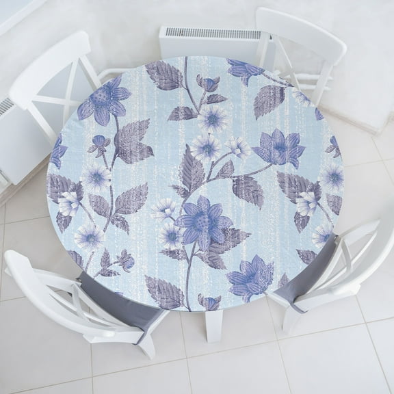 Ambesonne Floral Fitted Round Tablecloth, Winter Art Flower Sketchy, 36"- 40" Diameter, Pale Blue and Dark Indigo