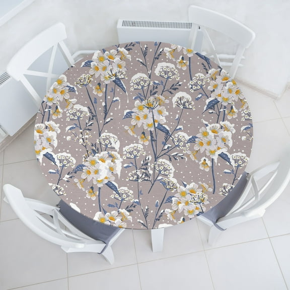 Ambesonne Floral Fitted Round Tablecloth, Winter Snowy Meadow Flowers, 45"- 56" Diameter, White Ceil Blue and Apricot