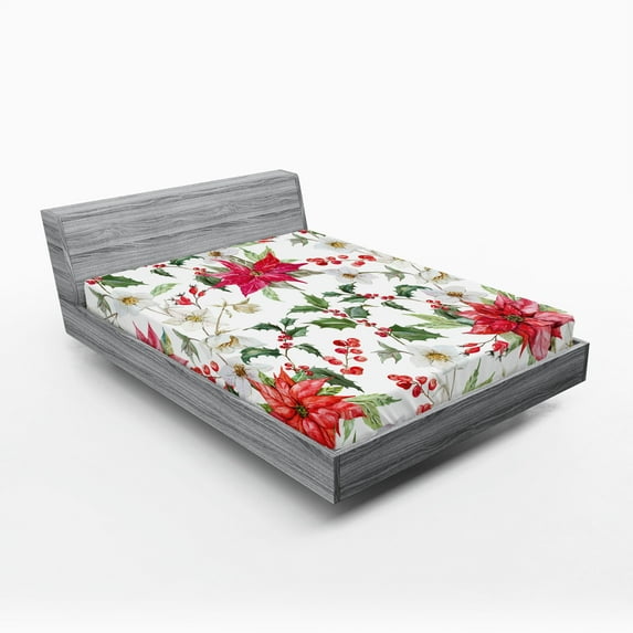 Ambesonne Floral Fitted Sheet 2 Pcs Set, Christmas Flowers Buds, Full, Pink Green White