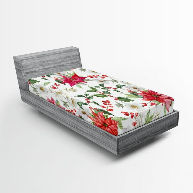 Ambesonne Floral Fitted Sheet 2 Pcs Set, Christmas Flowers Buds, Twin XL, Pink Green White