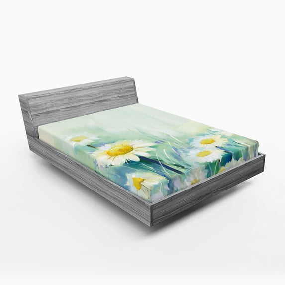 Ambesonne Floral Fitted Sheet 2 Pcs Set, Daisy Flower Field Art, Queen, Pale Blue White