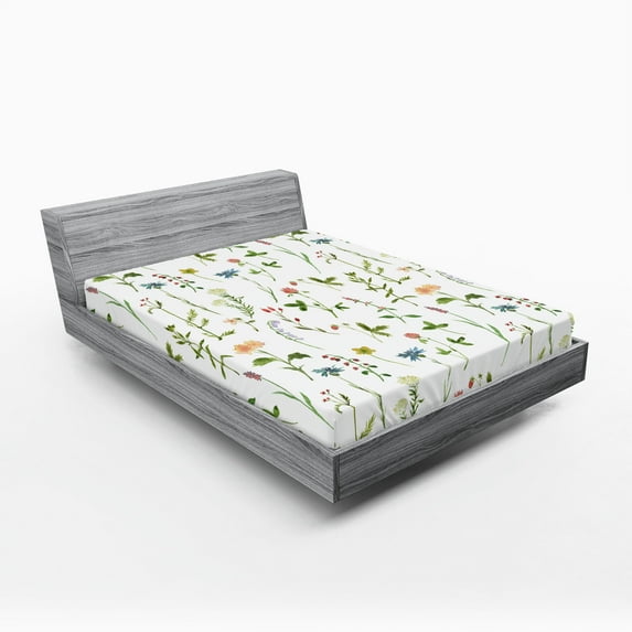Ambesonne Floral Fitted Sheet 2 Pcs Set, Herb Flowers Watercolors, King, Multicolor