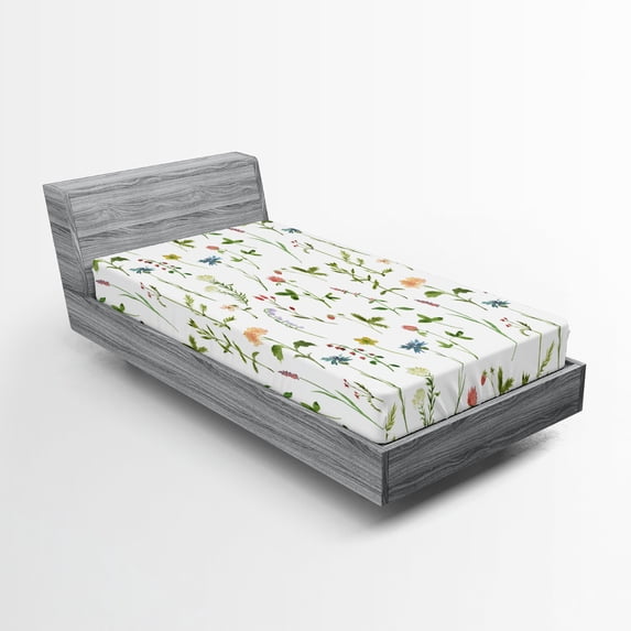 Ambesonne Floral Fitted Sheet 2 Pcs Set, Herb Flowers Watercolors, Twin, Multicolor