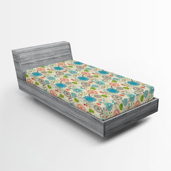 Ambesonne Floral Fitted Sheet 2 Pcs Set, Retro Doodle Cheerful, Twin XL, Multicolor