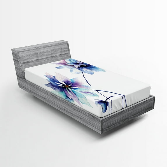 Ambesonne Floral Fitted Sheet 2 Pcs Set, Retro Flowers Watercolor, Twin, White Purple Blue