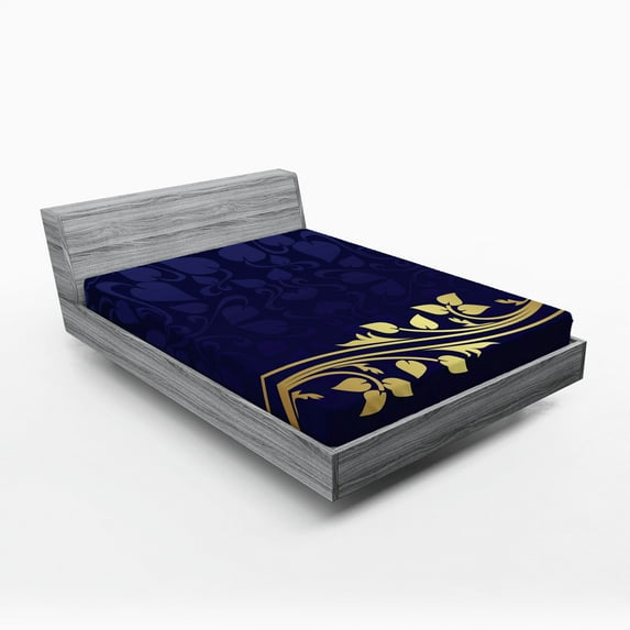 Ambesonne Floral Fitted Sheet 2 Pcs Set, Romantic Royal Leaves, King, Purple Indigo