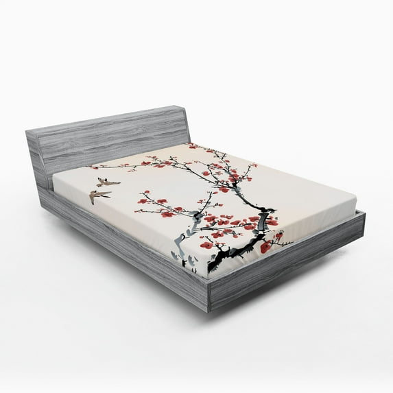 Ambesonne Floral Fitted Sheet 2 Pcs Set, Style Art Birds, Queen, Pale Maroon Black