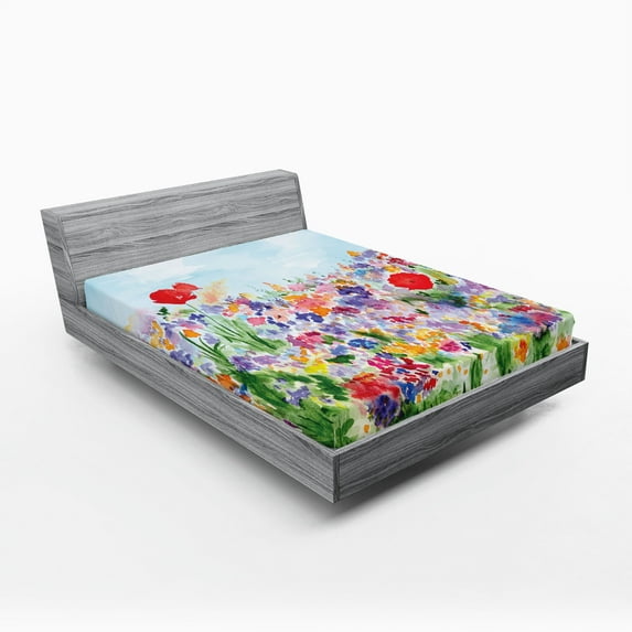 Ambesonne Floral Fitted Sheet 2 Pcs Set, Summer Blooms, California King, Red Green Purple