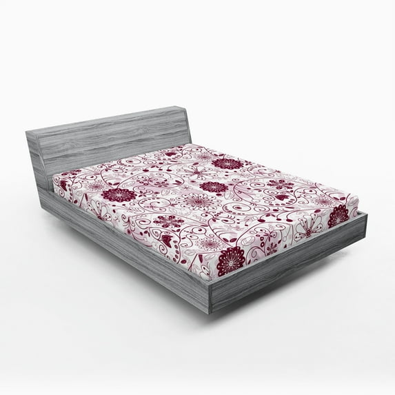 Ambesonne Floral Fitted Sheet 2 Pcs Set, Vibrant Baroque, California King, Maroon Rose