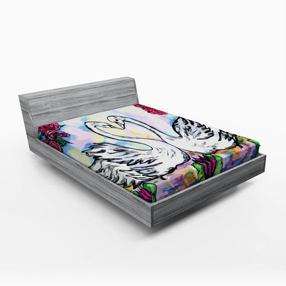 Ambesonne Floral Fitted Sheet, 2 White Swans in Lake, Queen Size, Multicolor