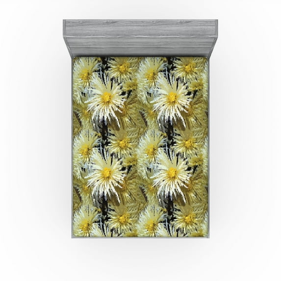 Ambesonne Floral Fitted Sheet, Abstract Art Style Asters, Full Size, Mustard Khaki Black