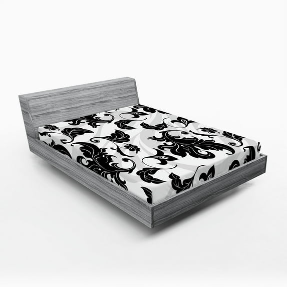 Ambesonne Floral Fitted Sheet, Abstract Leaf Ivy Swirl, Full Size, Pale Grey White