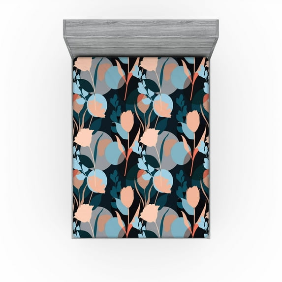 Ambesonne Floral Fitted Sheet, Abstract Silhouettes Floral, Queen Size, Salmon Sky Blue and Dark Teal