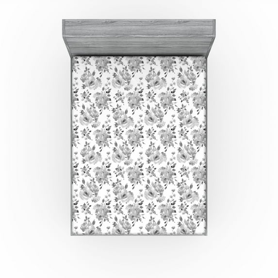 Ambesonne Floral Fitted Sheet, Achromatic Colors of Flowers, Full Size, White Grey
