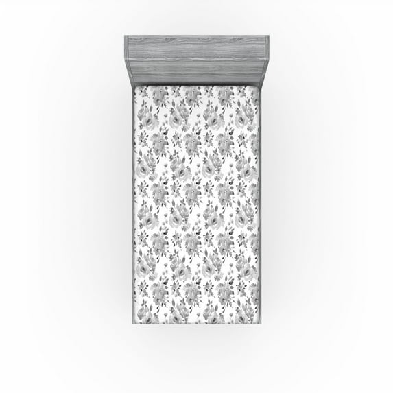 Ambesonne Floral Fitted Sheet, Achromatic Colors of Flowers, Twin XL Size, White Grey
