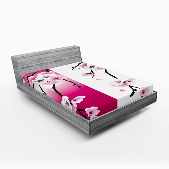 Ambesonne Floral Fitted Sheet, Apricot Flowers Blooms, Full Size, Pink Black White