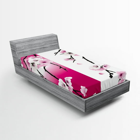 Ambesonne Floral Fitted Sheet, Apricot Flowers Blooms, Twin XL Size, Pink Black White