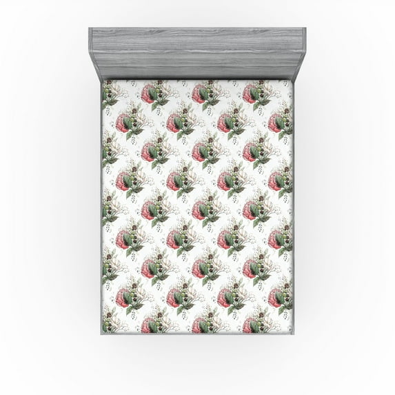 Ambesonne Floral Fitted Sheet, Arrangement of Roses Romance, California King, Ivory Jade Green Rose