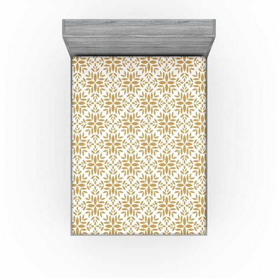 Ambesonne Floral Fitted Sheet, Art Geometric Flowers Leaves, Queen Size, Ivory and Pale Brown