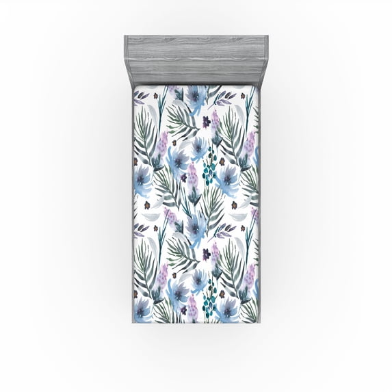 Ambesonne Floral Fitted Sheet, Art Pastel Botanical Flowers, Twin XL Size, Grey Teal Lilac Blue