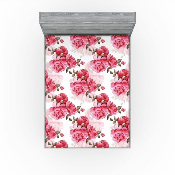 Ambesonne Floral Fitted Sheet, Art Romantic Peony Petals, Full Size, Brown Pink and Magenta