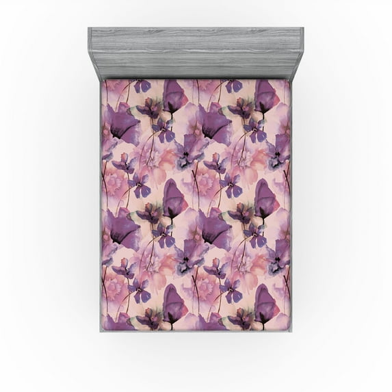 Ambesonne Floral Fitted Sheet, Art Wild Poppy Flowers Print, California King, Blush Violet and Lilac