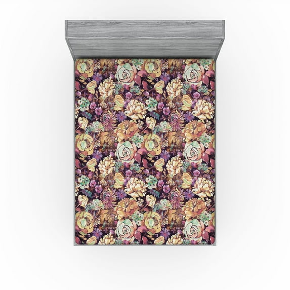 Ambesonne Floral Fitted Sheet, Art of Spring Flowers Garden, Full Size, Dark Purple Amber