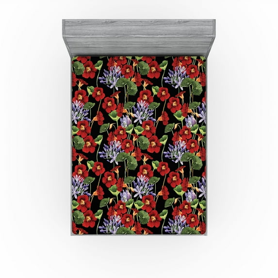 Ambesonne Floral Fitted Sheet, Artwork of Flowers Jasmine, King Size, Vermilion Green and Lilac
