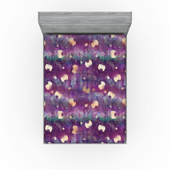 Ambesonne Floral Fitted Sheet, Asian Winter Flowers Pattern, California King, Purple Peach and Teal