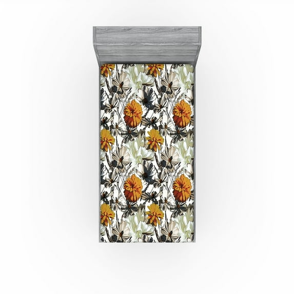 Ambesonne Floral Fitted Sheet, Asters Garden Branches Print, Twin XL Size, Apricot and Dark Blue Grey