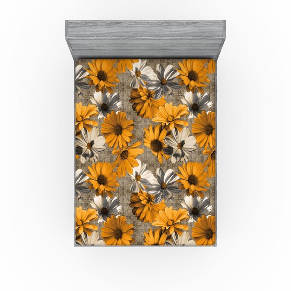 Ambesonne Floral Fitted Sheet, Asters on Rustic Art Deco, Full Size, Marigold Dark Tan and Beige