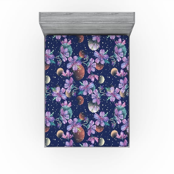 Ambesonne Floral Fitted Sheet, Astrology Universe Flowers, Full Size, Indigo Lavender