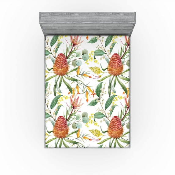 Ambesonne Floral Fitted Sheet, Australian Banksia Botanical, Full Size, Laurel Green Multicolor