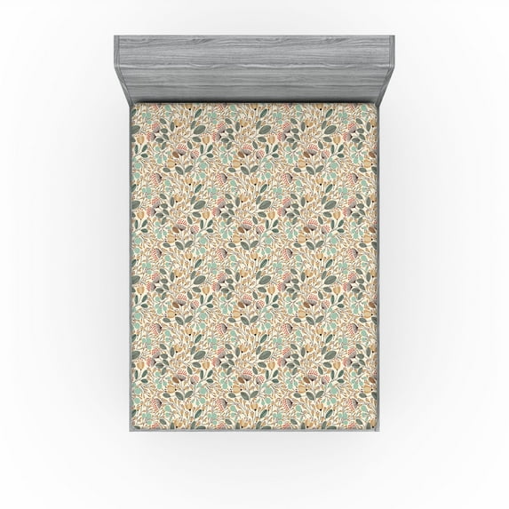 Ambesonne Floral Fitted Sheet, Autumnal Bohemian Flowers, Full Size, Seafoam Almond and Ecru