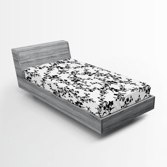 Ambesonne Floral Fitted Sheet, Baroque Blooms Vintage, Twin Size, Black and White