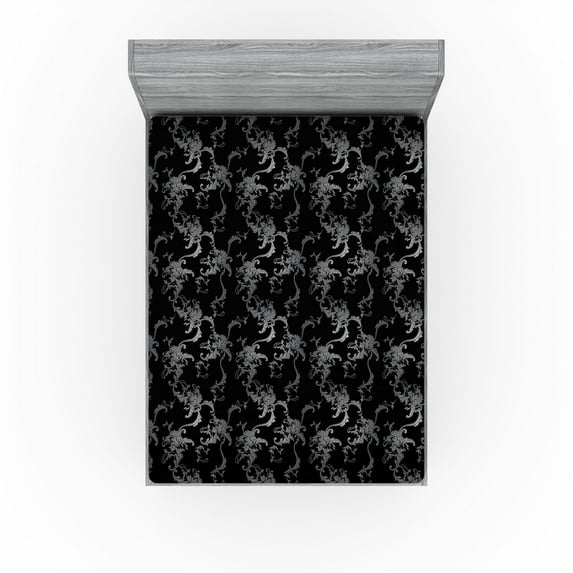 Ambesonne Floral Fitted Sheet, Baroque Flowers Goth Rococo, King Size, Grey Black and Charcoal Grey