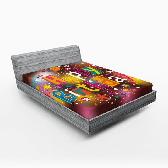Ambesonne Floral Fitted Sheet, Birthday Message Fun, Queen Size, Multicolor