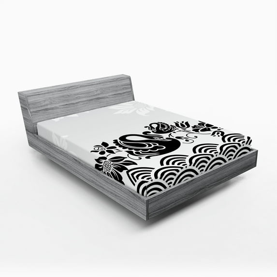 Ambesonne Floral Fitted Sheet, Black Swans and Flowers, Full Size, Black White