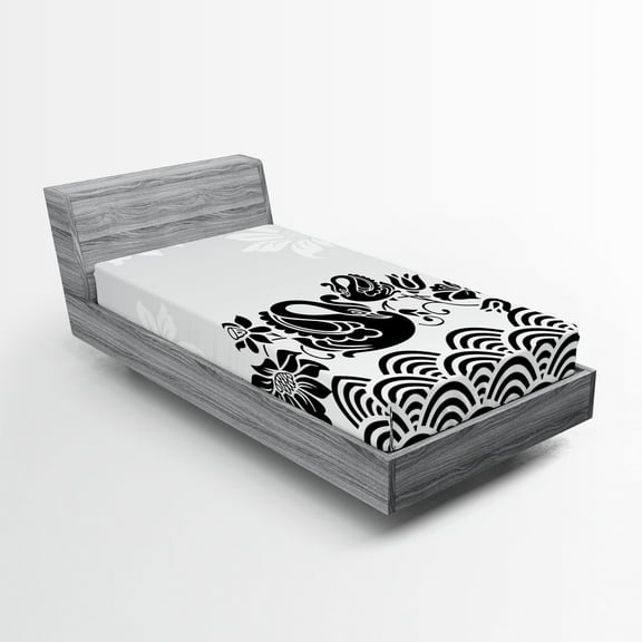Ambesonne Floral Fitted Sheet, Black Swans and Flowers, Twin XL Size, Black White