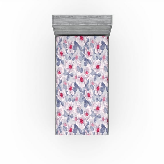 Ambesonne Floral Fitted Sheet, Blooming Art Spring Flowers, Twin XL Size, Ceil Blue Dark Coral