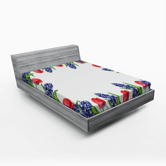 Ambesonne Floral Fitted Sheet, Blossom Spring Flowers, Full Size, Red Purple Green