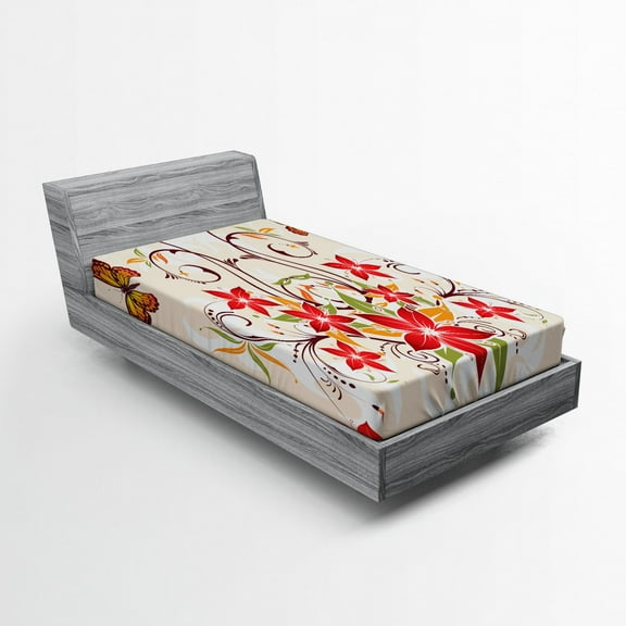 Ambesonne Floral Fitted Sheet, Blossoms Bouquet Botany, Twin XL Size, Beige Green Red