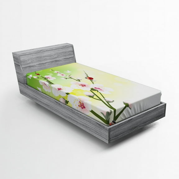 Ambesonne Floral Fitted Sheet, Blossoms Ladybugs Spring, Twin XL Size, Green Pink