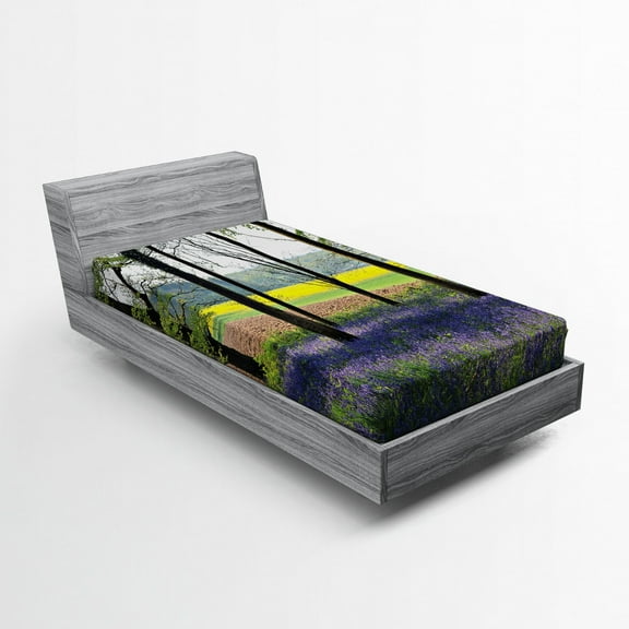Ambesonne Floral Fitted Sheet, Bluebells Forest Rural, Twin XL Size, Purple Yellow Green