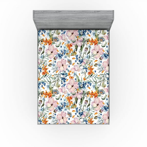 Ambesonne Floral Fitted Sheet, Bohemian Garden Branches Art, Full Size, Rose Orange and Slate Blue