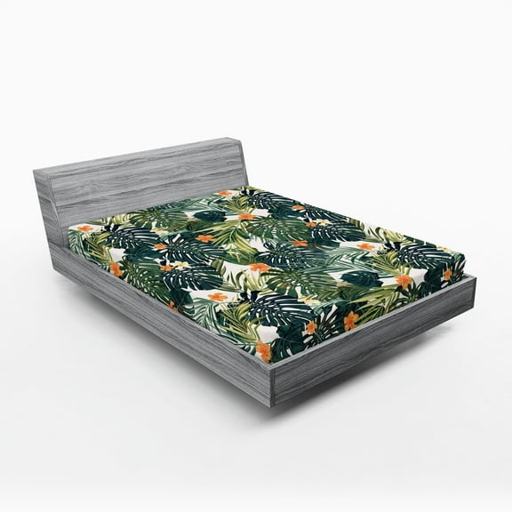 Ambesonne Floral Fitted Sheet, Botanic Tropic Leaves, Full Size, Green and White